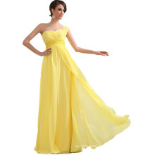 ED025 One Shoulder Beaded Sash Chiffon yellow evening dress Long